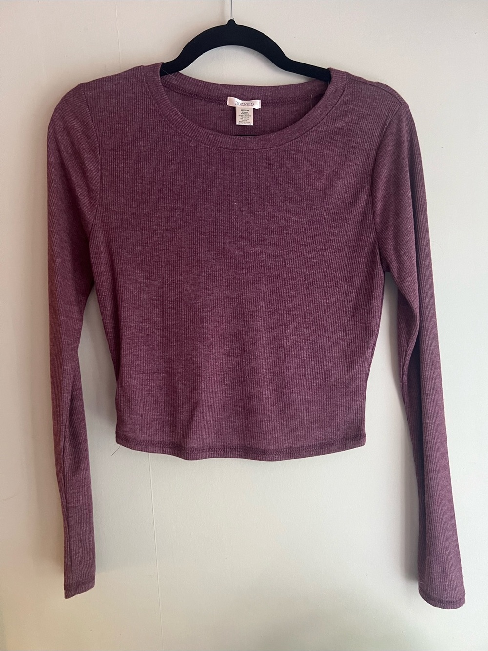 Plum Ribbed Long-Sleeve Crop Top